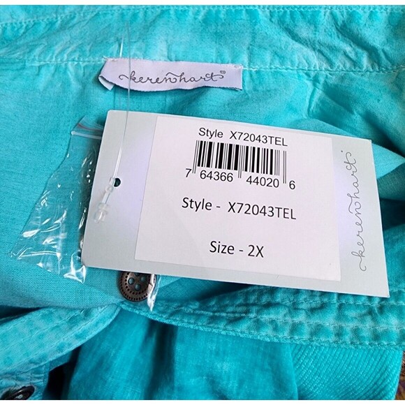 Keren Hart Blouse Size 2X NEW Distressed Finish Blue Button Front Tab Sleeves - Picture 7 of 10